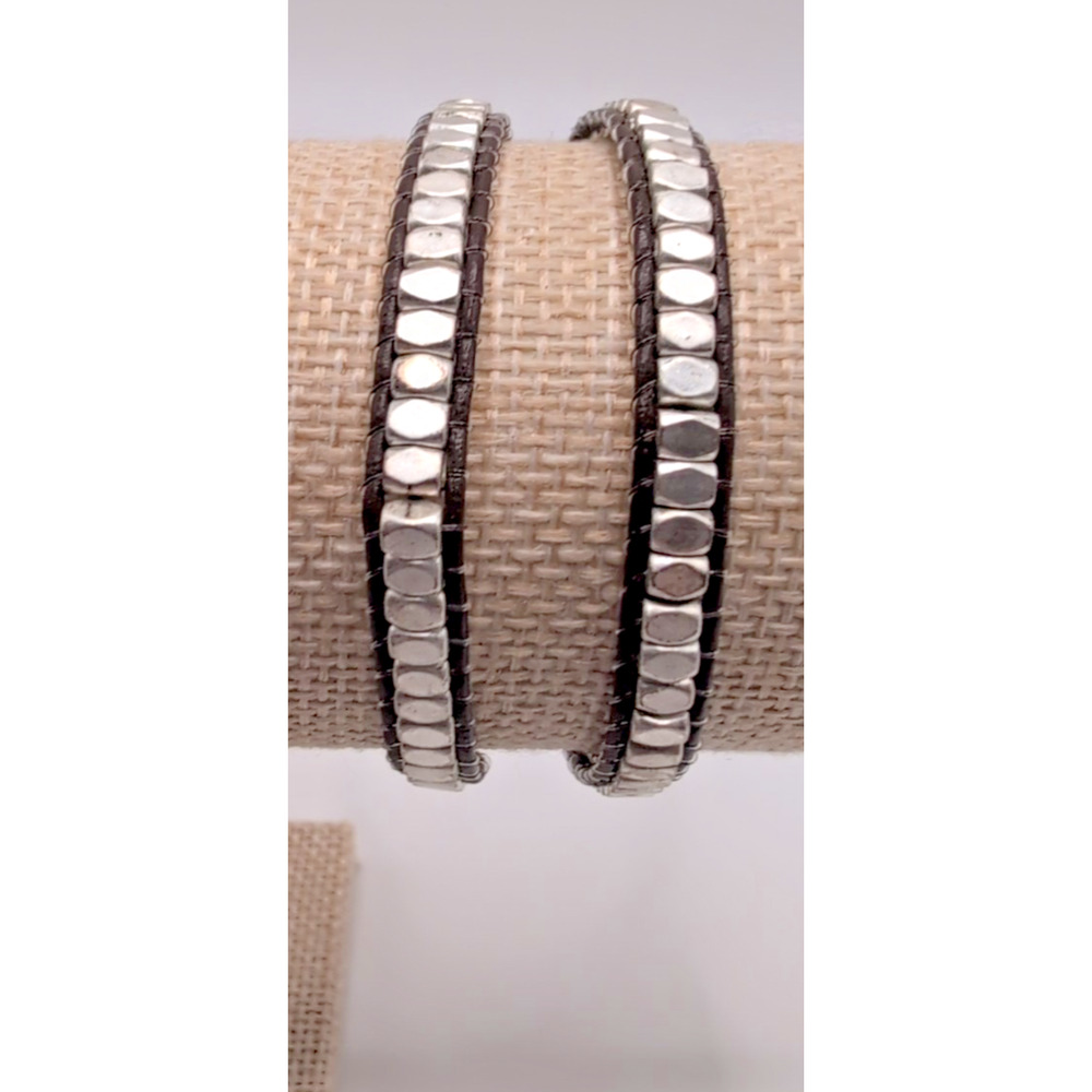 STELLA & Dot Silver Tone nugget Brown Leather Wrap Bracelet 14"